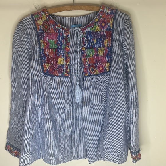 J. MCLAUGHLIN Blue and White Stripe Embroidered Tassel Top Size Medium - Picture 15 of 16